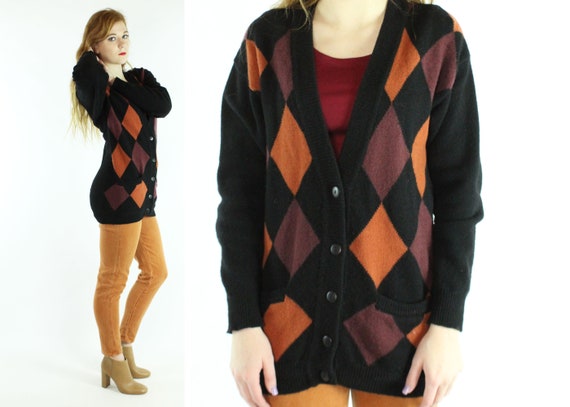 Argyle Knit Cardigan Sweater 1980's Medium M - image 1