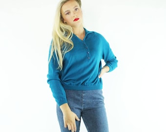 1960s 18 Karat Fuzzy Blue Pullover Sweater Size Large, Vintage 60s 