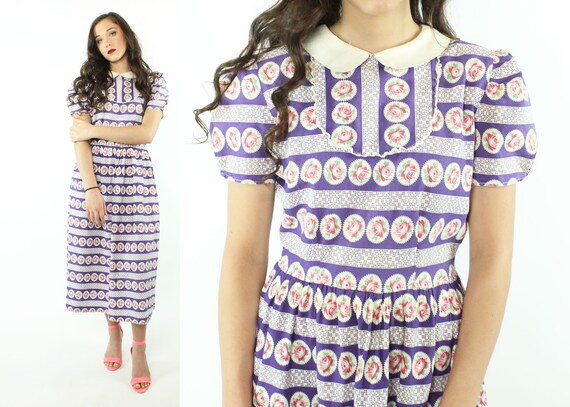 30s 40s Rose Print Cotton Dress Purple White Sundr