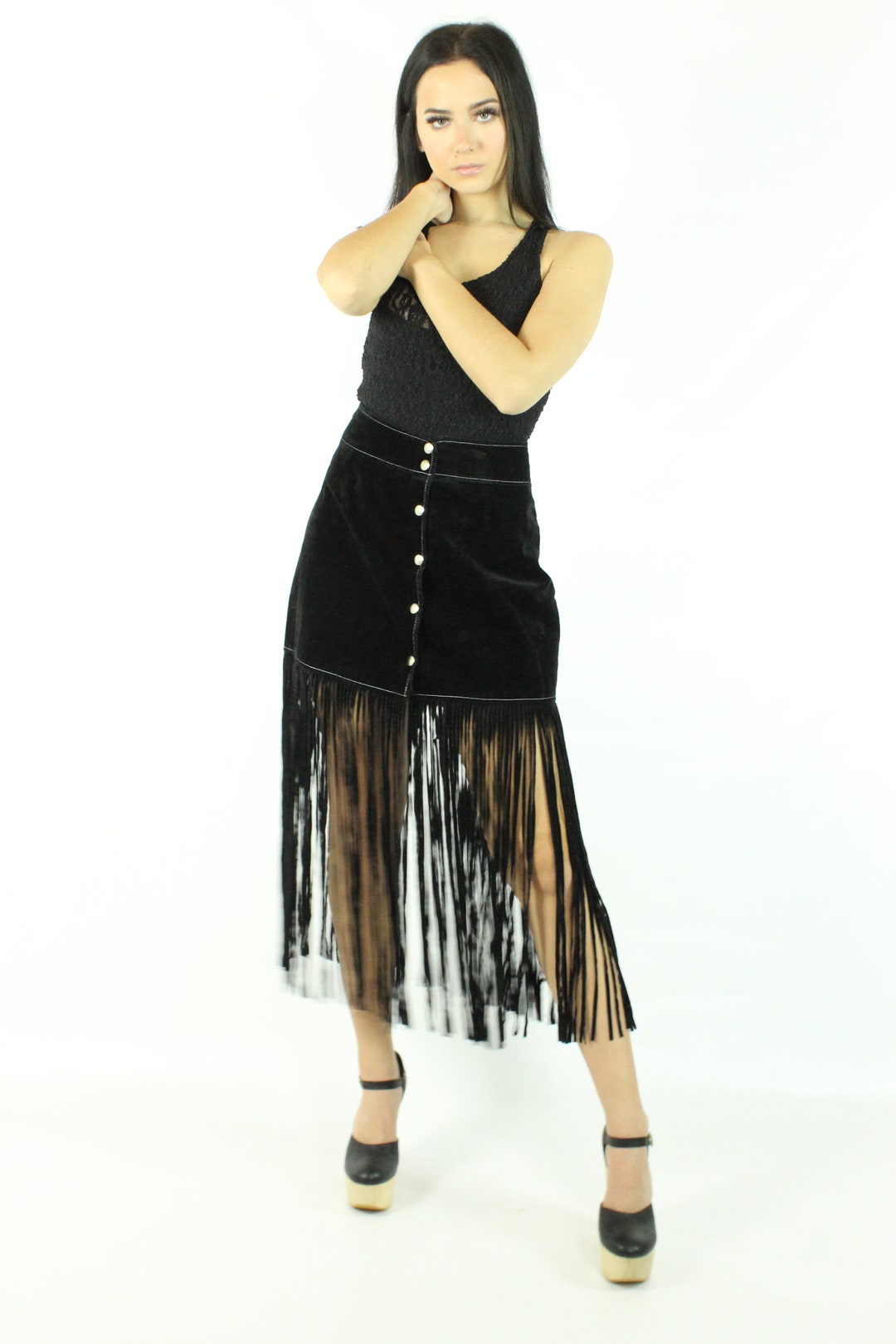 スカート Venuja Bohemia' Black Skirt With Fringed Hem Fringe Hem Detail Wrap Midi Skirt | boohoo