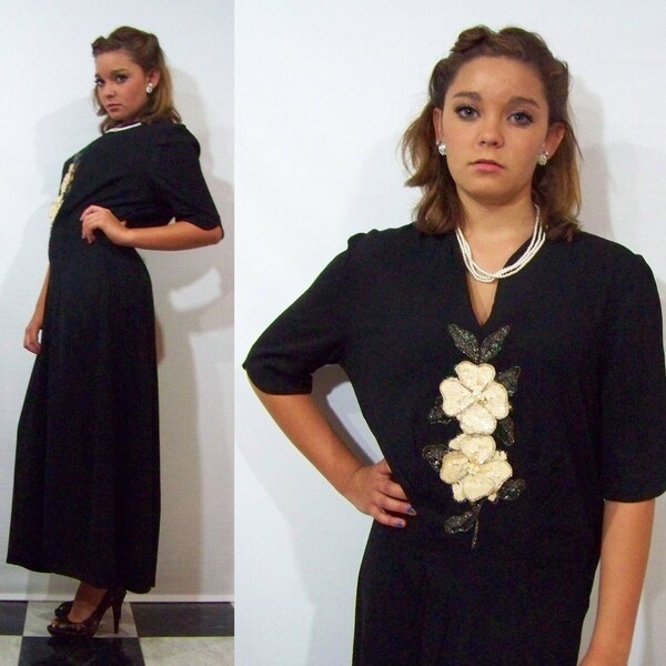 Vintage 30's Dress L XL Black Beaded Sequin