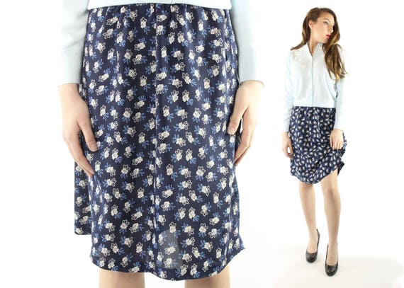 Vintage 40s Floral Skirt Navy Blue Rayon Side butt