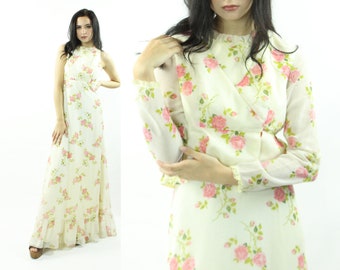 Vintage 70's Rose Print Maxi Dress Small S