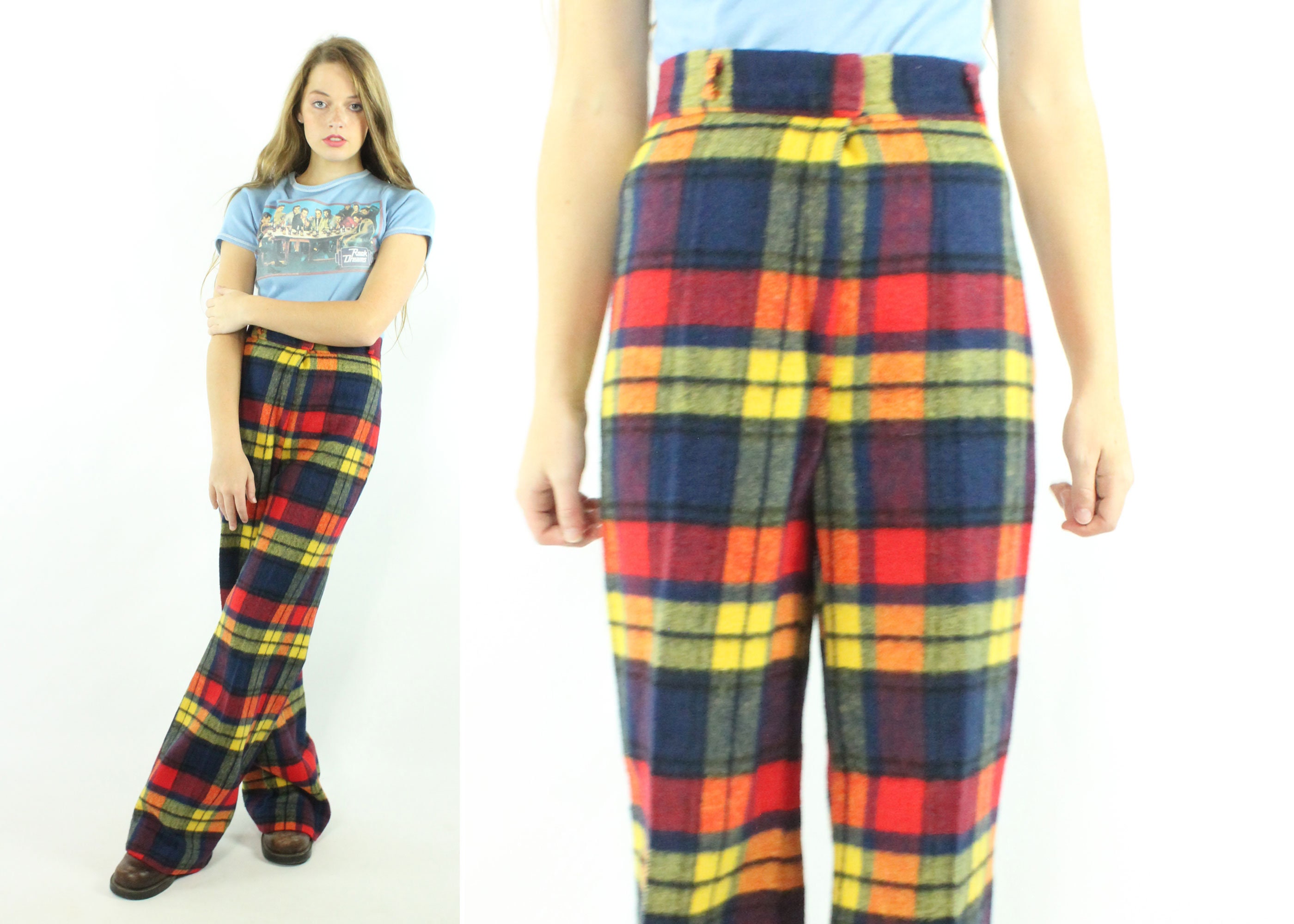 70s Plaid Pants High Rise Trousers Bell Bottoms Vintage 1970s