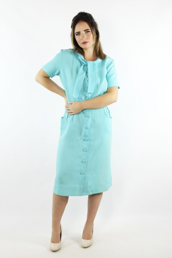 50's Aqua Linen Ascot Dress Medium M - image 3