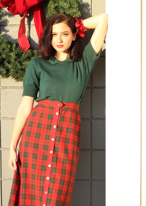 50's Red Green Plaid Pencil Skirt Small S - image 2