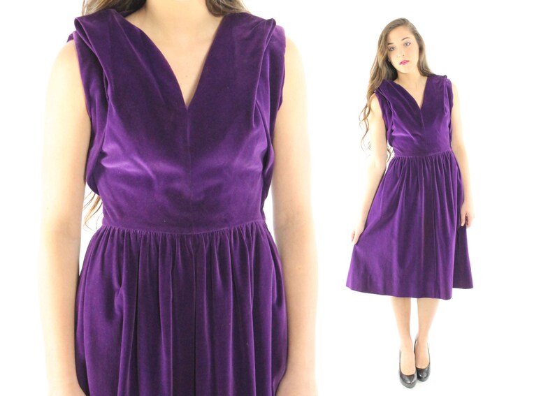 50's Purple Velvet Dress Small S image 1