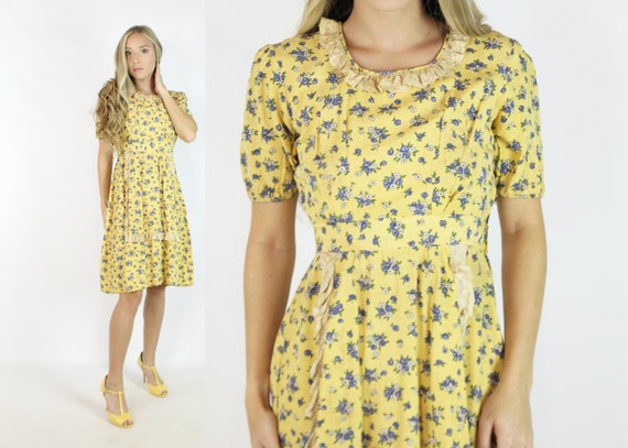 Vintage 40's Yellow Floral Dress XS X-Small S Sma… - image 1