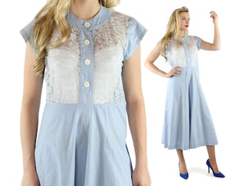 1950's Lace Dress Light Blue Vintage Medium M