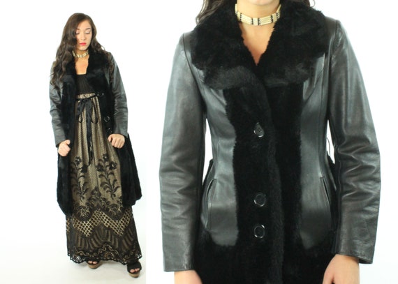 70s Black Vinyl Faux Fur Coat Vintage 1970s XS X-S
