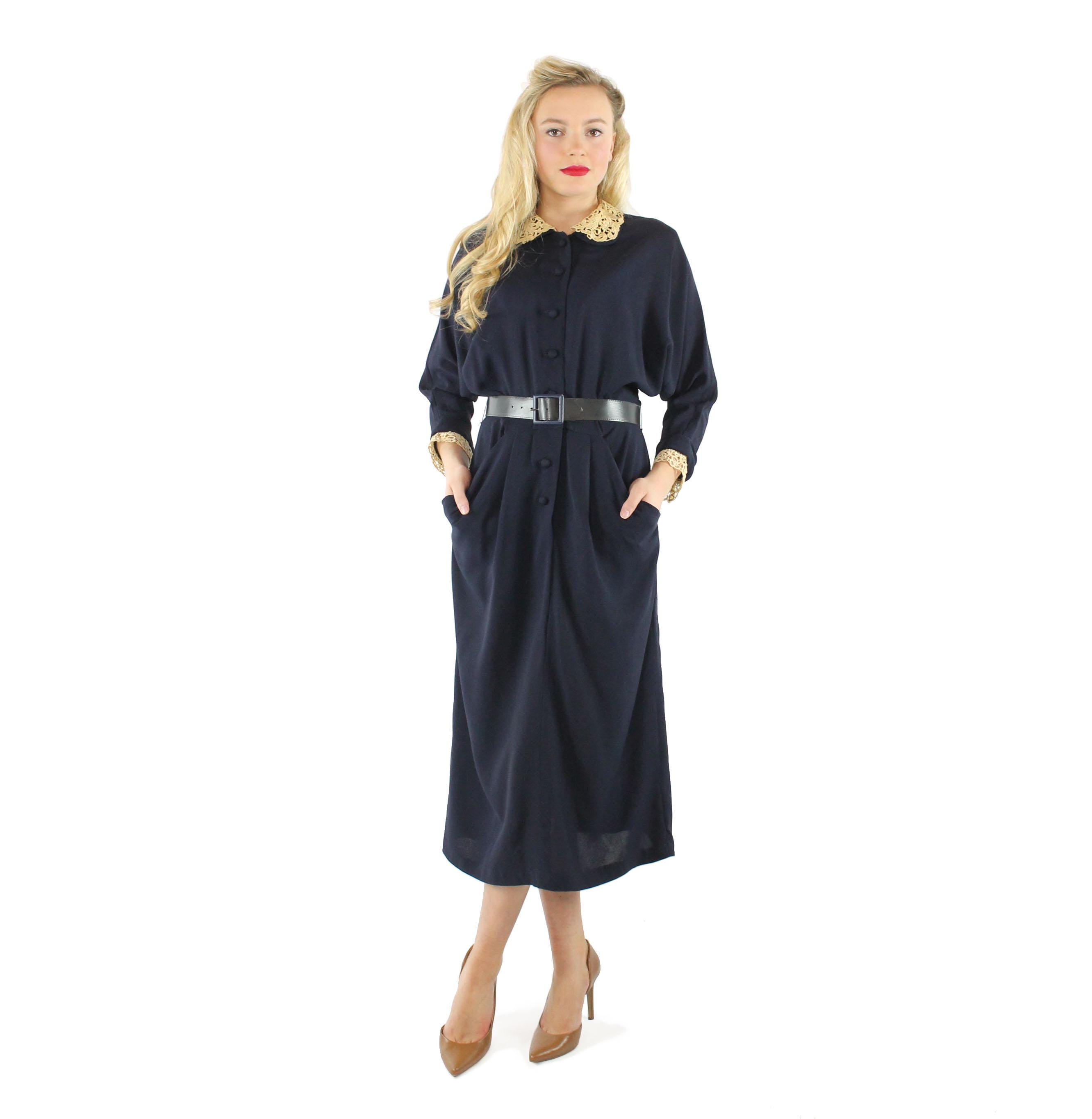 1940s navy blue dress Vintage 1940s 40s Navy Blue Rayon Crepe Day Dress by Herbert Levy