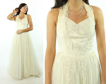 50s Halter Wedding Party Dress Ivory Tulle Lace Full Skirt Long Maxi Formal Vintage 1950s Small S