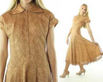 50's Brown Lace Party Dress Small S