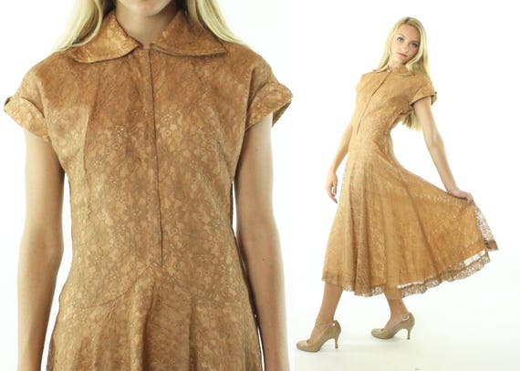 50's Brown Lace Party Dress Small S - image 1