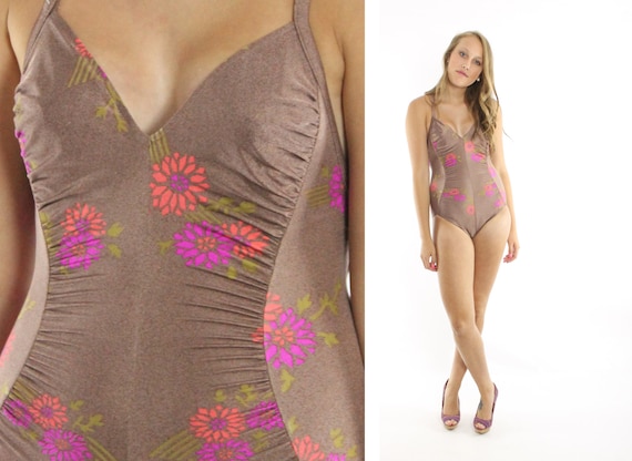 70's Floral Swimsuit One Piece Medium M - image 1