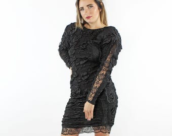 Vintage 80's Black Knit Dress Medium M