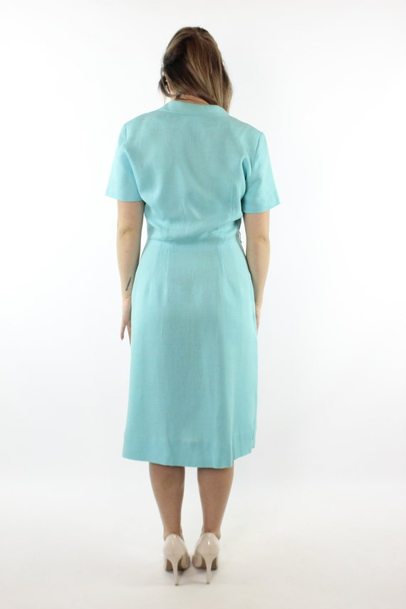 50's Aqua Linen Ascot Dress Medium M - image 6