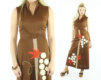 70s Hippie Maxi Dress Grapevine Novelty Sleeveless Brown Long Vintage 1970s Medium M Boho Festival Fashion