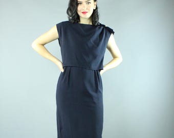 50's Navy Blue Sleeveless Dress Medium M
