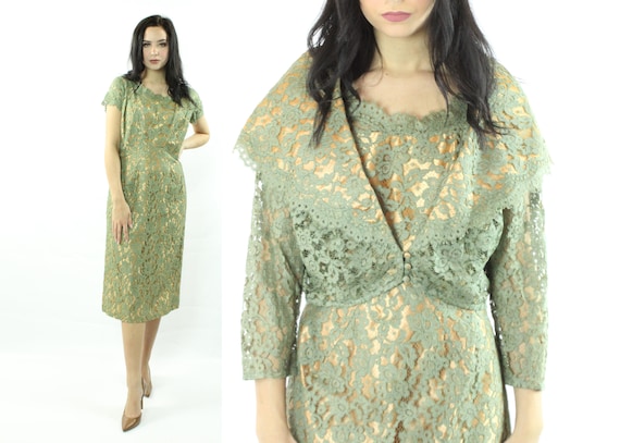 50's Nude Illusion Lace Dress Jacket Set Vintage … - image 1