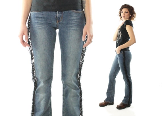 90's Black Fringe Jeans Medium M - image 1