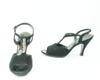50er Vintage schwarze Leder Glitzer Pumps mit Strasssteinen