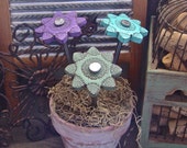 Rustic Shabby Polymer Clay Daisy Flower Plant Stakes Vintage Style Garden Art Decor Set of 3 Daises, Gardener Gift, Purple Turquoise Sage