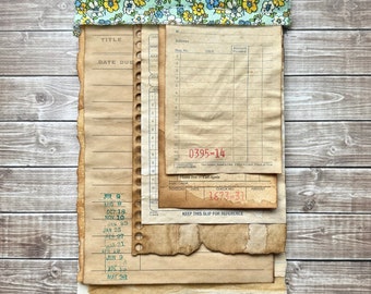 Junk Journal Style Writing Pad Scrappy Notepad with Variety of Aged Coffee Dyed Tea Stained Papers & Vintage Aqua Floral Fabric Topper