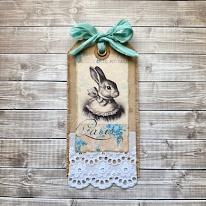 Carte Postale Paris Bunny Rabbit Mixed Media Junk Journal Tag, Coffee Dyed Canvas Fabric & Lace Journaling Spot on Back, Vintage Style Tag