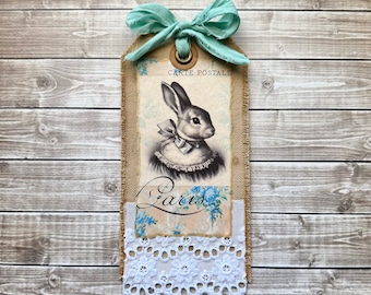 Carte Postale Paris Bunny Rabbit Mixed Media Junk Journal Tag, Coffee Dyed Canvas Fabric & Lace Journaling Spot on Back, Vintage Style Tag