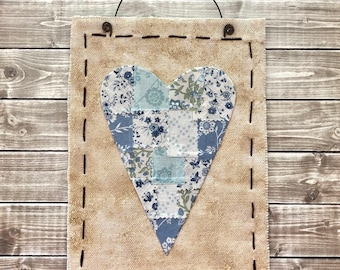Patchwork Heart Fabric Collage Ornament Aged Canvas Background with Stitched Border, Country Cottage Primitive Decor Love Gift