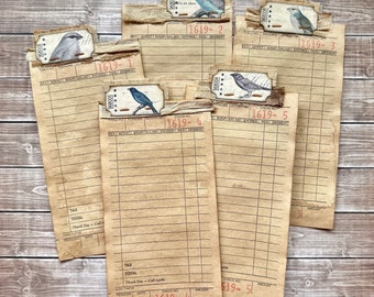 Guest Checks Embellished with Bird Tickets Set of 5, Coffee Dyed Stained Tags, Handmade Junk Journal Ephemera, Tags with Tabs