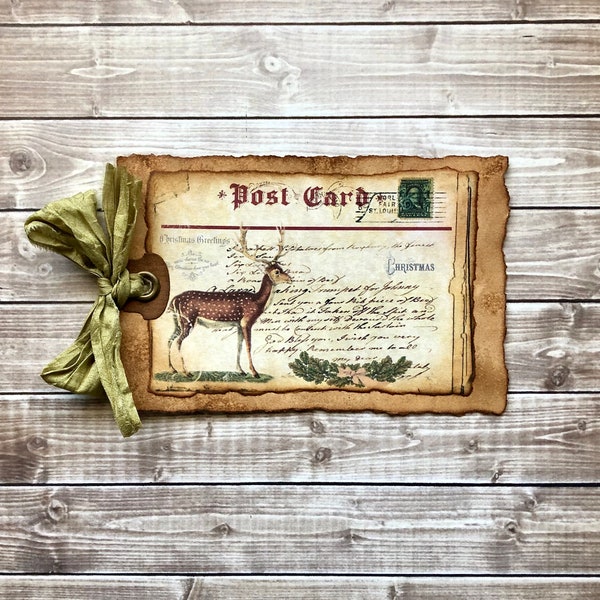 Christmas Post Card Fallow Deer Gift Tag Box Topper, Holiday Junk Journaling Index Card Scrapbook Ephemera, Aged Old Vintage Antique Style