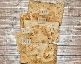 3x5 Inch Coffee Dyed Grungy Stained Blank Index Cards with Hand Stamped Canvas Fabric Number Tabs Set of 5 Junk Journal Scrapbook Ephemera