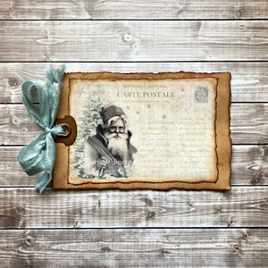 French Post Card Nostalgic Santa Gift Tag Box Topper, Christmas Junk Journal Index Card Scrapbook Ephemera, Olde Time Vintage Antique Style