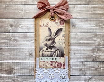 French Lettre Bunny Rabbit Mixed Media Junk Journal Tag, Coffee Dyed Canvas Fabric & Lace Journaling Spot on Back, Vintage Style Ornament