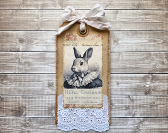 French Hotel Chatham Bunny Rabbit Mixed Media Junk Journal Tag, Coffee Dyed Canvas Fabric & Lace Journaling Spot on Back, Vintage Style Tag