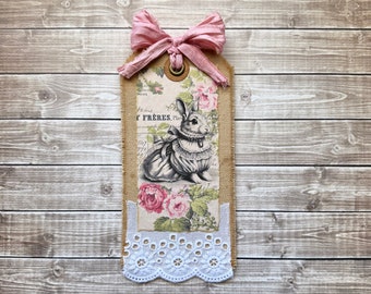 Sweet Bunny Rabbit Wearing a Dress Among Pink Roses Mixed Media Junk Journal Tag, Coffee Dyed Canvas Fabric & Lace Journaling Spot on Back