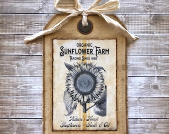 Primitive Sunflower Farm Coffee Dyed Canvas Hang Tag Sign, Grungy Fall Country Decor, Rustic Farmhouse Autumn Ornament