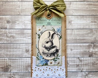 Springtime Carte Postale French Bunny Rabbit Mixed Media Junk Journal Tag, Coffee Dyed Canvas Fabric & Lace Journaling Spot on Back