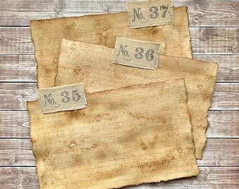 Large Deckle Torn Edge Hand Dyed Coffee Stained Index Cards with Hand Stamped Canvas Fabric Number Tabs Set of 3 Aged Junk Journal Ephemera