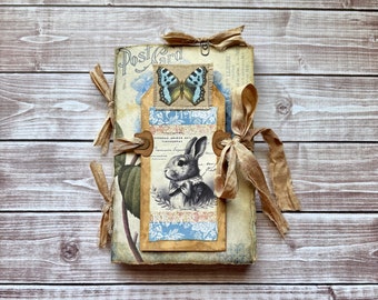 French Bunny Rabbit Blue Hydrangea Journal, Springtime Junk Journal Writing Diary, Vintage Style Scrapbook, Easter Memories