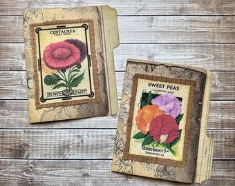 2 Little Seed Packet File Folder Journaling Cards, Junk Journal Ephemera, Mini Handmade Folders with Tabs, Aged Vintage Style Writing Spots