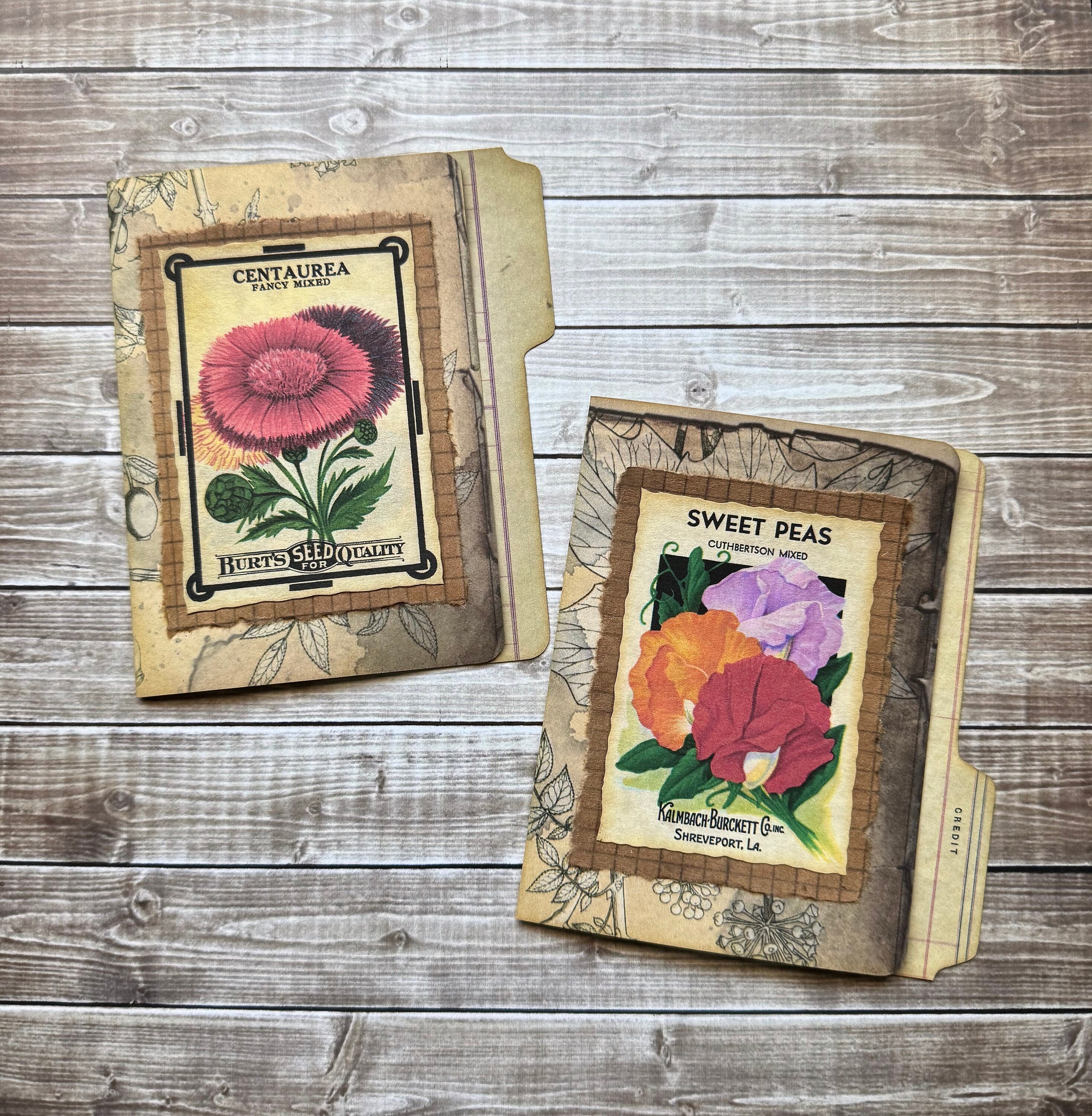 2 Little Seed Packet File Folder Journaling Cards, Junk Journal Ephemera, Mini Handmade Folders with Tabs, Aged Vintage Style Writing Spots