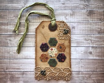 Primitive Bee Hang Tag Ornament with Autumn Hexagon Patchwork Flower Grungy Coffee Dyed Canvas Fabric and Lace Old Time Decor (Tag #3)