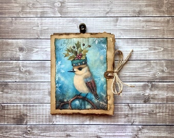 Cute Winter Bird Wearing Festive Holly Pillbox Hat Little Junk Journal Notepad Booklet Gift Card Holder,Christmas Holiday Scrapbook Ephemera
