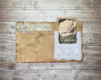 French Pink Rose Journaling Card Fabric Lace Flip Up Shabby Deckle Torn Edges Coffee Dyed Lined Writing Gorgeous Mixed Media Lace Image Back