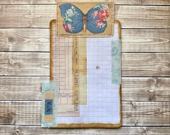 Blue Floral Butterfly Journaling Card, Coffee Dyed Junk Journal Art, Vintage Style Collage with Fabric Embellishments, Handmade Ephemera