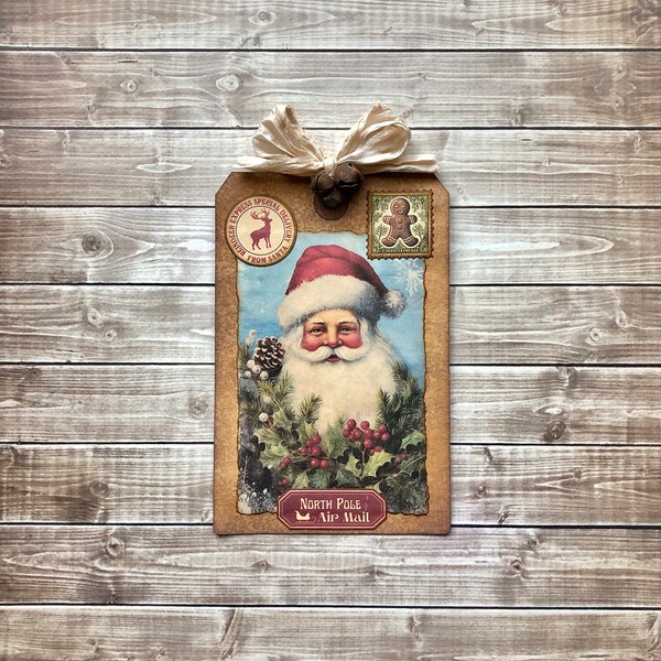 Reindeer Express North Pole Air Mail From Santa Gift Tag Ornament, Handmade Junk Journal Ephemera, Aged Vintage Style Hang Tag Decor