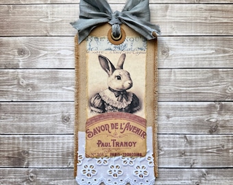 Paris Bunny Rabbit in Old Time Dress Mixed Media Junk Journal Tag, Coffee Dyed Canvas Fabric & Lace Journaling Spot on Back, Vintage Style